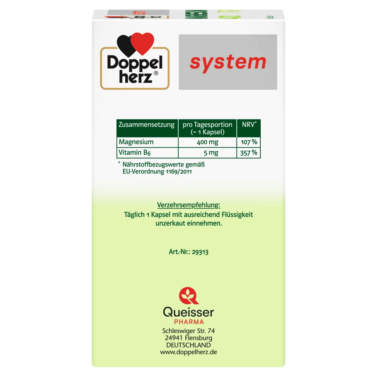 Abbildung der Produktverpackung Doppelherz system MAGNESIUM 400 PUR Seitenansicht links